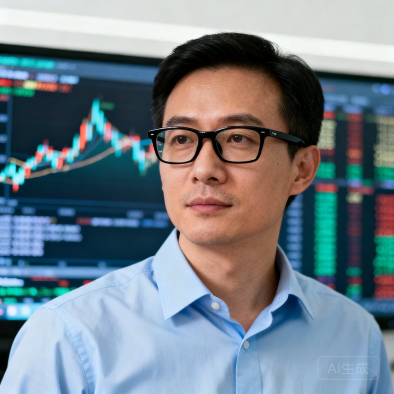 一位三十多岁的男性研究总监近照，他戴着黑框眼镜，神态专注，穿着浅蓝色衬衫，背后是正在滚动实时数据的大屏幕