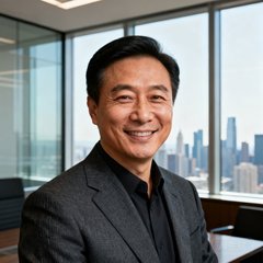 一位四十岁左右的中国男性企业家半身肖像照，他身着深灰色定制西装，面带自信微笑，背景是现代化办公室的落地窗